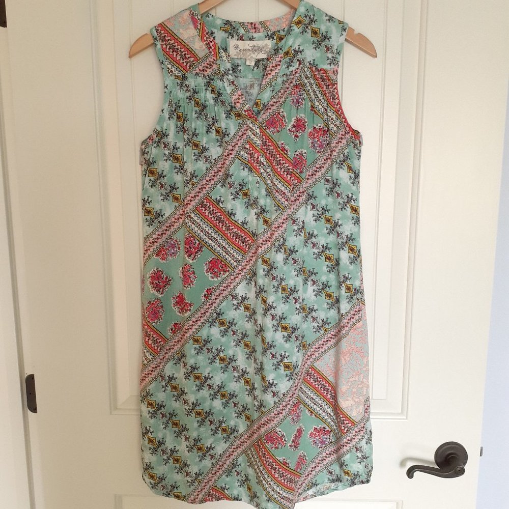 Aventura Gia Sleeveless Shift Dress V-Neck Green Print Size M